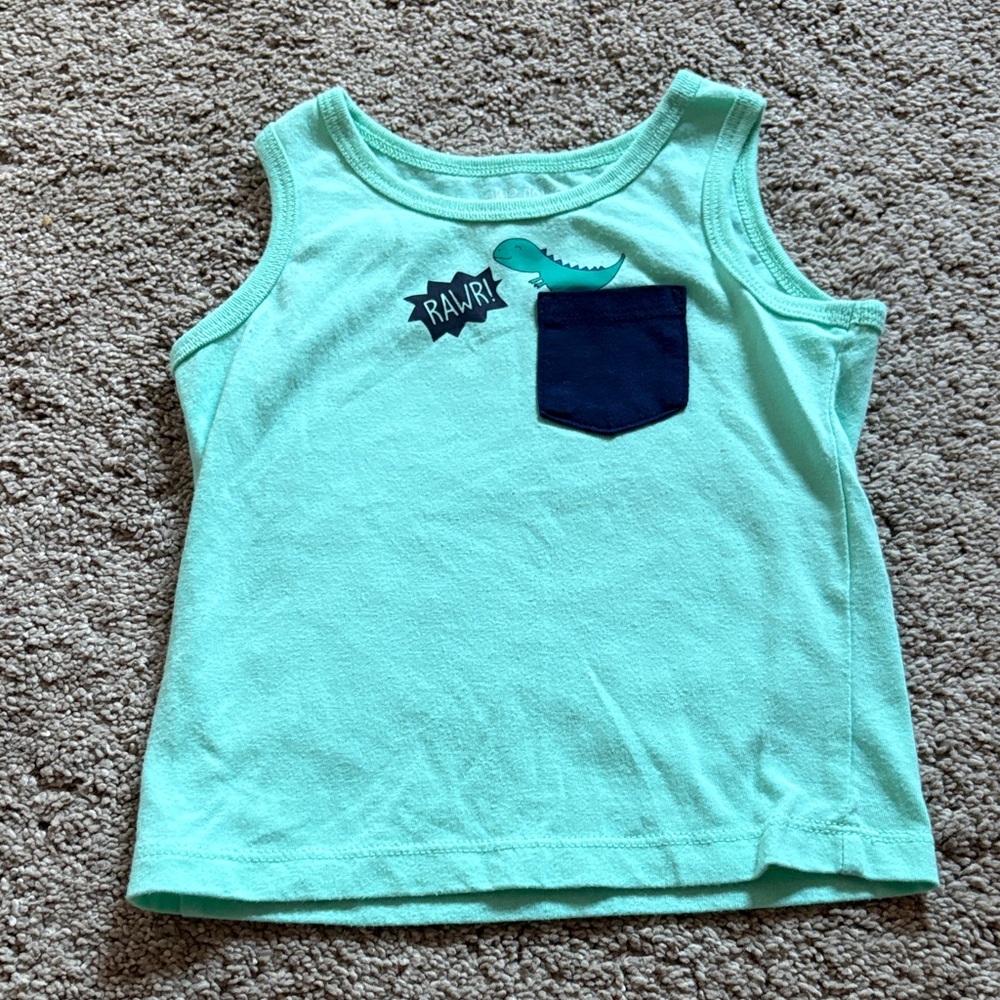 Okie Dokie Aqua Dinosaur Tank Top with Navy Pocket